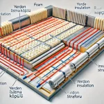 Yerden ısıtma sistemi kurulumunu gösteren bir görsel, yerden ısıtma köpüğü (foam) ve yerden ısıtma straforu (rigid insulation) üzerine döşenmiş ısıtma boruları ile birlikte.