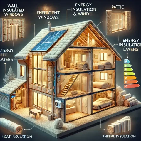 Gelişmiş ev yalıtım teknikleri: yalıtımlı duvarlar, çift camlı enerji verimli pencereler ve termal çatı izolasyonu.
