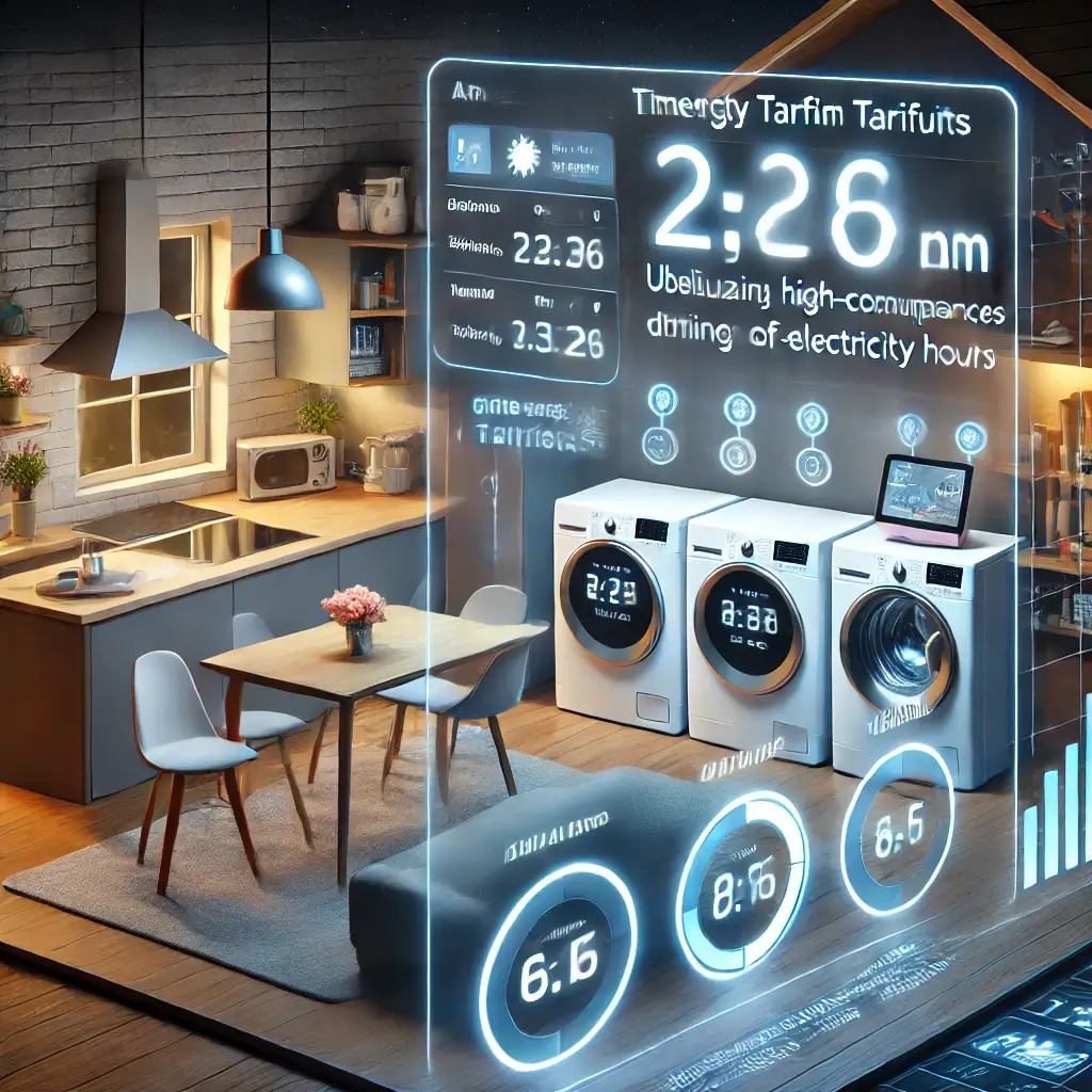 Akıllı ev enerji yönetim sistemi ile düşük tarifeli saatlerde çalışan cihazlar ve enerji tüketimini optimize eden akıllı sayaç.