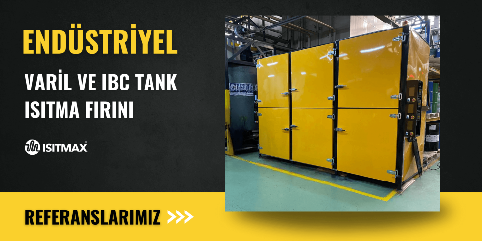 Büyük varillerin enerji tasarruflu ısıtılması için optimize edilmiş endüstriyel ısıtma kabini.