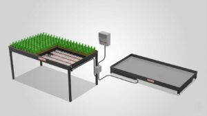 ISITMAX ısıtmalı fide sehpası detay görünümü — T2Max ısıtma kablosu serpantin döşeme, kontrol panosu ve yetiştirme tepsisi