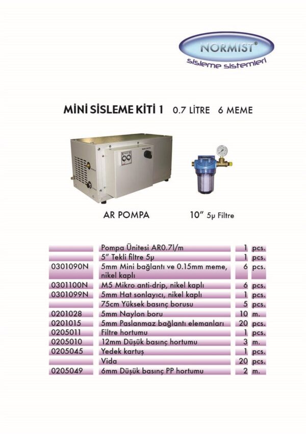Yüksek Basınçlı Sisleme Mini Kiti (70 bar)