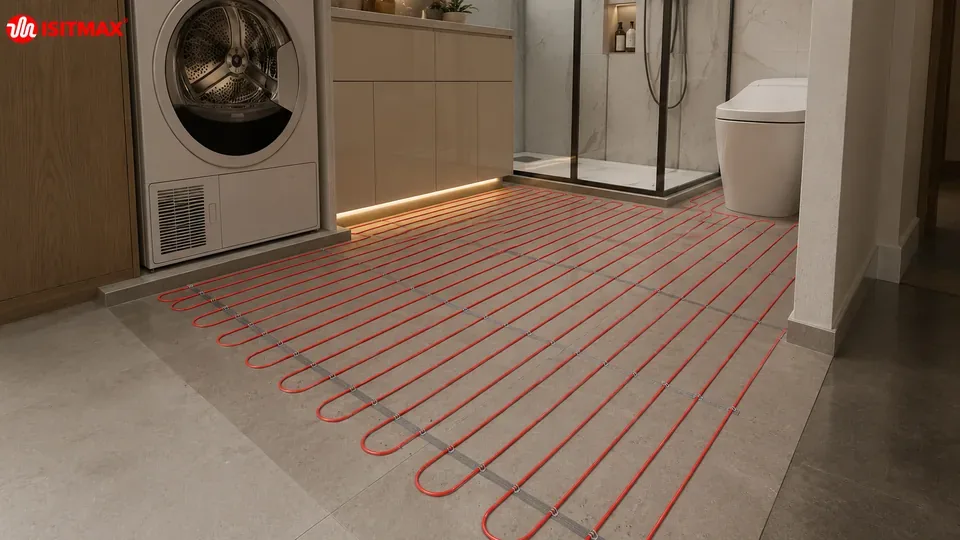 Banyo zeminine sabitleme bantlarıyla eşit aralıklarla serilmiş ısıtma kablosu
