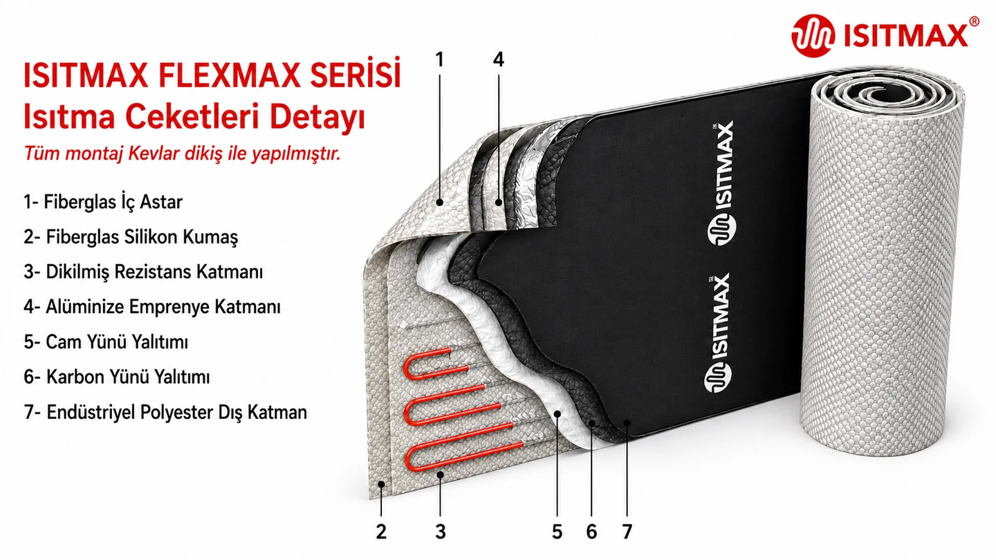 FLEXMAX serisi ısıtma ceketinin yedi katmanını numaralarıyla gösteren kesit çizimi ve rulo hâlindeki ceket