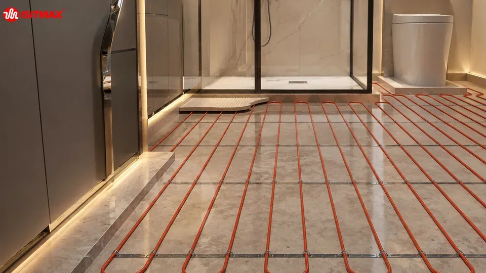 Mermer kaplamalı banyo zeminine serilmiş ısıtma kablosu, duş ve klozet çevresi