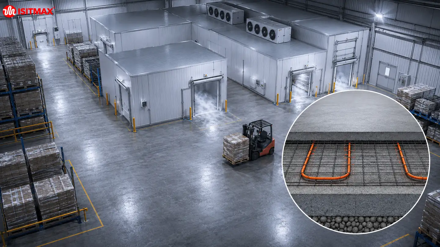 Soğuk hava deposu tesisinde depolama odaları, forklift trafiği ve döşeme altındaki ısıtma kablosu serimini gösteren kesit
