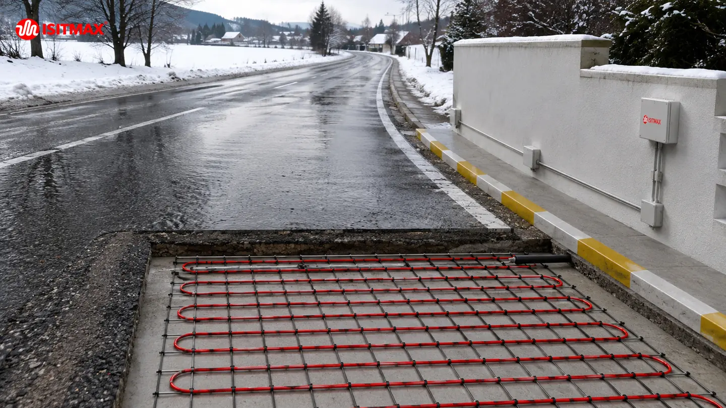 Asfalt yol kenarında beton yatak üzerine serilmiş ısıtma kablosu ve duvara monte kontrol panosu